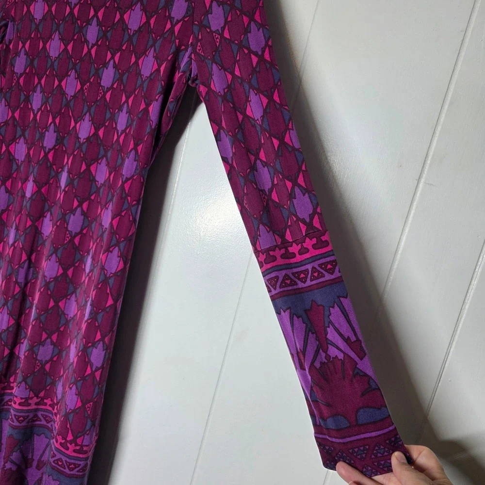 Tory Burch Audra‎ Silk Geometric Print Wrap Dress Purple Pink Long Sleeve Medium